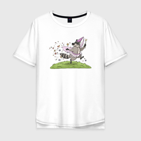 Мужская футболка хлопок Oversize с принтом Енот цветочная фея в Екатеринбурге, 100% хлопок | свободный крой, круглый ворот, “спинка” длиннее передней части | 