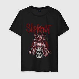 Мужская футболка хлопок с принтом Slipknot рогатый череп в Курске, 100% хлопок | прямой крой, круглый вырез горловины, длина до линии бедер, слегка спущенное плечо. | 