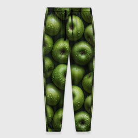 Мужские брюки 3D с принтом Сочный узор из зеленых яблок в Петрозаводске, 100% полиэстер | манжеты по низу, эластичный пояс регулируется шнурком, по бокам два кармана без застежек, внутренняя часть кармана из мелкой сетки | Тематика изображения на принте: 