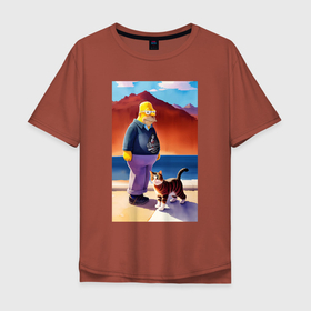 Мужская футболка хлопок Oversize с принтом Retired Homer Simpson walks with a cat , 100% хлопок | свободный крой, круглый ворот, “спинка” длиннее передней части | 