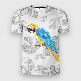 Мужская футболка 3D Slim с принтом Попугай на сером фоне в Белгороде, 100% полиэстер с улучшенными характеристиками | приталенный силуэт, круглая горловина, широкие плечи, сужается к линии бедра | 