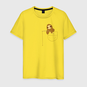 Мужская футболка хлопок с принтом Карманный ленивец с удочкой в Кировске, 100% хлопок | прямой крой, круглый вырез горловины, длина до линии бедер, слегка спущенное плечо. | 