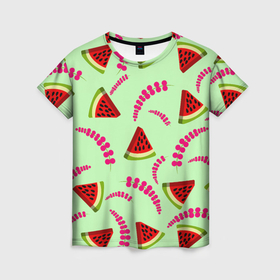 Женская футболка 3D с принтом Ветка ягод и долька арбуза в Тюмени, 100% полиэфир ( синтетическое хлопкоподобное полотно) | прямой крой, круглый вырез горловины, длина до линии бедер | 