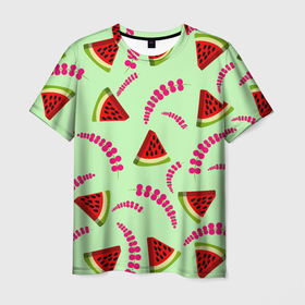Мужская футболка 3D с принтом Ветка ягод и долька арбуза в Тюмени, 100% полиэфир | прямой крой, круглый вырез горловины, длина до линии бедер | 
