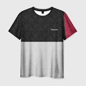 Мужская футболка 3D с принтом Комбинированный серо красный узор с надписью Россия , 100% полиэфир | прямой крой, круглый вырез горловины, длина до линии бедер | 