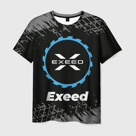 Мужская футболка 3D с принтом Exeed в стиле Top Gear со следами шин на фоне в Екатеринбурге, 100% полиэфир | прямой крой, круглый вырез горловины, длина до линии бедер | 