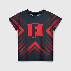 Детская футболка 3D с принтом Красный символ Fortnite на темном фоне со стрелками в Санкт-Петербурге, 100% гипоаллергенный полиэфир | прямой крой, круглый вырез горловины, длина до линии бедер, чуть спущенное плечо, ткань немного тянется | 