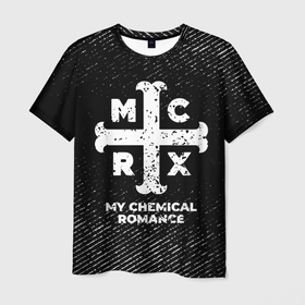 Мужская футболка 3D с принтом My Chemical Romance с потертостями на темном фоне в Белгороде, 100% полиэфир | прямой крой, круглый вырез горловины, длина до линии бедер | Тематика изображения на принте: 