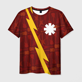 Мужская футболка 3D с принтом Red Hot Chili Peppers гитары и молния в Белгороде, 100% полиэфир | прямой крой, круглый вырез горловины, длина до линии бедер | 