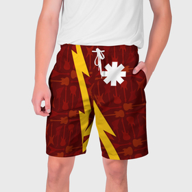 Мужские шорты 3D с принтом Red Hot Chili Peppers гитары и молния в Тюмени,  полиэстер 100% | прямой крой, два кармана без застежек по бокам. Мягкая трикотажная резинка на поясе, внутри которой широкие завязки. Длина чуть выше колен | 