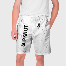 Мужские шорты 3D с принтом Slipknot glitch на светлом фоне: надпись, символ ,  полиэстер 100% | прямой крой, два кармана без застежек по бокам. Мягкая трикотажная резинка на поясе, внутри которой широкие завязки. Длина чуть выше колен | 