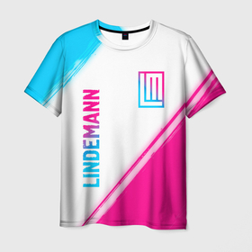 Мужская футболка 3D с принтом Lindemann neon gradient style: надпись, символ в Екатеринбурге, 100% полиэфир | прямой крой, круглый вырез горловины, длина до линии бедер | 
