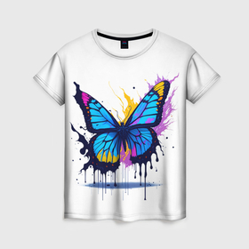 Женская футболка 3D с принтом Бабочка в красках в Кировске, 100% полиэфир ( синтетическое хлопкоподобное полотно) | прямой крой, круглый вырез горловины, длина до линии бедер | 