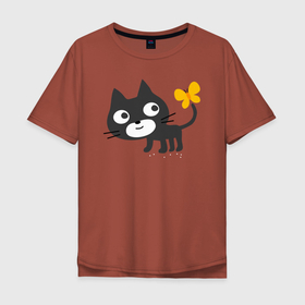 Мужская футболка хлопок Oversize с принтом Чёрный котик и бабочка в Кировске, 100% хлопок | свободный крой, круглый ворот, “спинка” длиннее передней части | 