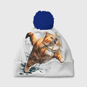 Шапка 3D c помпоном с принтом Прыгающий котя в Ухте, 100% полиэстер | универсальный размер, печать по всей поверхности изделия | 