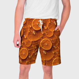 Мужские шорты 3D с принтом Сочная текстура из долек апельсина в Новосибирске,  полиэстер 100% | прямой крой, два кармана без застежек по бокам. Мягкая трикотажная резинка на поясе, внутри которой широкие завязки. Длина чуть выше колен | 