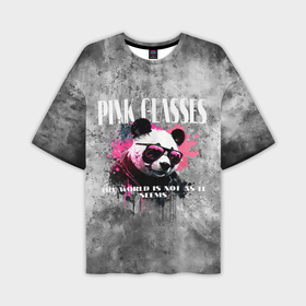 Мужская футболка oversize 3D с принтом Панда в розовых очках на сером фоне ,  |  | 