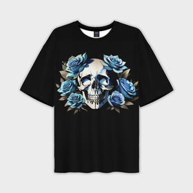 Мужская футболка oversize 3D с принтом Череп и синие розы ,  |  | 