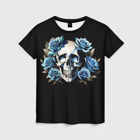Женская футболка 3D с принтом Череп и синие розы , 100% полиэфир ( синтетическое хлопкоподобное полотно) | прямой крой, круглый вырез горловины, длина до линии бедер | 