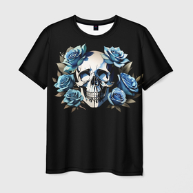 Мужская футболка 3D с принтом Череп и синие розы в Петрозаводске, 100% полиэфир | прямой крой, круглый вырез горловины, длина до линии бедер | Тематика изображения на принте: 