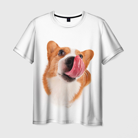 Мужская футболка 3D с принтом Корги облизывается в Курске, 100% полиэфир | прямой крой, круглый вырез горловины, длина до линии бедер | 