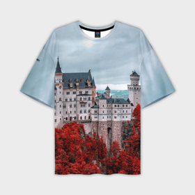Мужская футболка oversize 3D с принтом Замок в горах и красный лес ,  |  | 