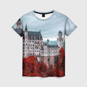 Женская футболка 3D с принтом Замок в горах и красный лес в Кировске, 100% полиэфир ( синтетическое хлопкоподобное полотно) | прямой крой, круглый вырез горловины, длина до линии бедер | 