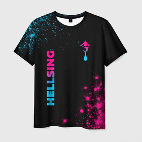 Мужская футболка 3D с принтом Hellsing   neon gradient: надпись, символ в Белгороде, 100% полиэфир | прямой крой, круглый вырез горловины, длина до линии бедер | Тематика изображения на принте: 