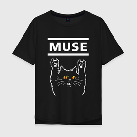 Мужская футболка хлопок Oversize с принтом Muse rock cat в Новосибирске, 100% хлопок | свободный крой, круглый ворот, “спинка” длиннее передней части | Тематика изображения на принте: 