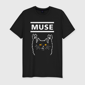 Мужская футболка хлопок Slim с принтом Muse rock cat в Новосибирске, 92% хлопок, 8% лайкра | приталенный силуэт, круглый вырез ворота, длина до линии бедра, короткий рукав | Тематика изображения на принте: 