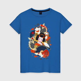 Женская футболка хлопок с принтом Японская девушка с веером   коллаж в Кировске, 100% хлопок | прямой крой, круглый вырез горловины, длина до линии бедер, слегка спущенное плечо | 