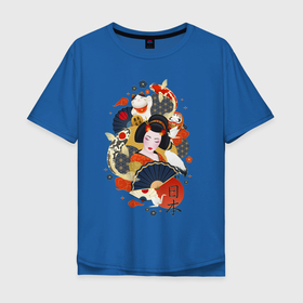 Мужская футболка хлопок Oversize с принтом Японская девушка с веером   коллаж в Кировске, 100% хлопок | свободный крой, круглый ворот, “спинка” длиннее передней части | 