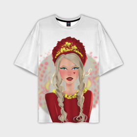 Мужская футболка oversize 3D с принтом девушка с косичками в красном кокошнике в Курске,  |  | Тематика изображения на принте: 