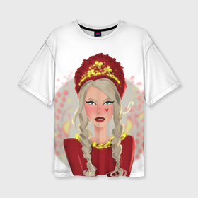 Женская футболка oversize 3D с принтом девушка с косичками в красном кокошнике в Курске,  |  | Тематика изображения на принте: 