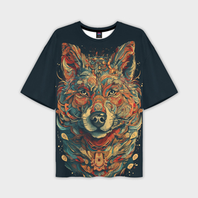 Мужская футболка oversize 3D с принтом Красивый волк в узорах ,  |  | 