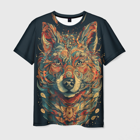 Мужская футболка 3D с принтом Красивый волк в узорах , 100% полиэфир | прямой крой, круглый вырез горловины, длина до линии бедер | 