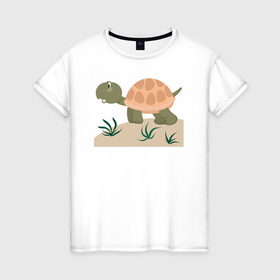 Женская футболка хлопок с принтом Черепаха на лугу с травой , 100% хлопок | прямой крой, круглый вырез горловины, длина до линии бедер, слегка спущенное плечо | 