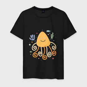 Мужская футболка хлопок с принтом Желтая медуза в Санкт-Петербурге, 100% хлопок | прямой крой, круглый вырез горловины, длина до линии бедер, слегка спущенное плечо. | 