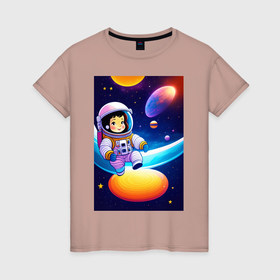 Женская футболка хлопок с принтом Мультяшный астронавт в Екатеринбурге, 100% хлопок | прямой крой, круглый вырез горловины, длина до линии бедер, слегка спущенное плечо | 