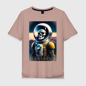 Мужская футболка хлопок Oversize с принтом Скелет космонавта в Тюмени, 100% хлопок | свободный крой, круглый ворот, “спинка” длиннее передней части | 