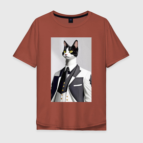 Мужская футболка хлопок Oversize с принтом Чёрно белый кот в модном костюме в Екатеринбурге, 100% хлопок | свободный крой, круглый ворот, “спинка” длиннее передней части | 