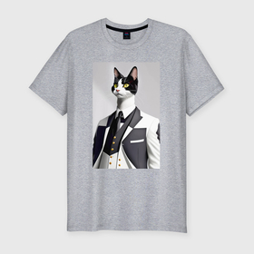 Мужская футболка хлопок Slim с принтом Чёрно белый кот в модном костюме в Новосибирске, 92% хлопок, 8% лайкра | приталенный силуэт, круглый вырез ворота, длина до линии бедра, короткий рукав | 
