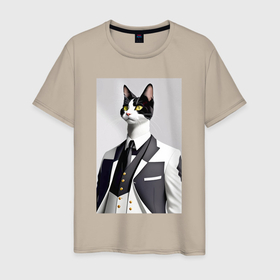 Мужская футболка хлопок с принтом Чёрно белый кот в модном костюме в Курске, 100% хлопок | прямой крой, круглый вырез горловины, длина до линии бедер, слегка спущенное плечо. | 