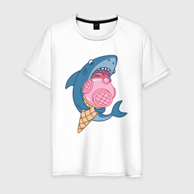 Мужская футболка хлопок с принтом Акула с мороженым в Курске, 100% хлопок | прямой крой, круглый вырез горловины, длина до линии бедер, слегка спущенное плечо. | 