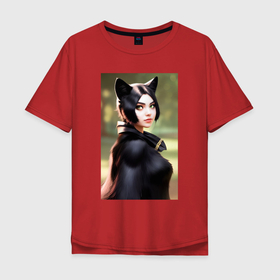 Мужская футболка хлопок Oversize с принтом Девушка кошка   нейросеть в Екатеринбурге, 100% хлопок | свободный крой, круглый ворот, “спинка” длиннее передней части | 