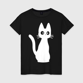 Женская футболка хлопок с принтом Милый белый котёнок в Екатеринбурге, 100% хлопок | прямой крой, круглый вырез горловины, длина до линии бедер, слегка спущенное плечо | 