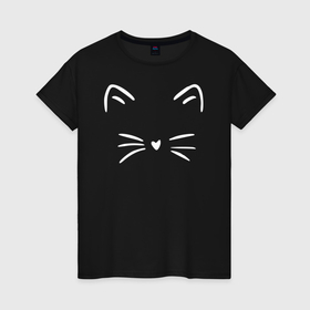 Женская футболка хлопок с принтом Уши и усы белого котёнка в Тюмени, 100% хлопок | прямой крой, круглый вырез горловины, длина до линии бедер, слегка спущенное плечо | 