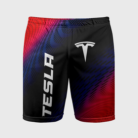 Мужские шорты спортивные с принтом Tesla красный карбон в Петрозаводске,  |  | Тематика изображения на принте: 