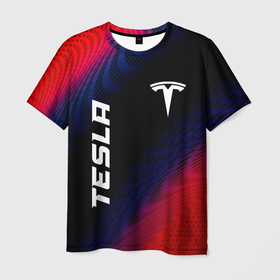 Мужская футболка 3D с принтом Tesla красный карбон в Петрозаводске, 100% полиэфир | прямой крой, круглый вырез горловины, длина до линии бедер | Тематика изображения на принте: 