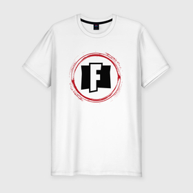 Мужская футболка хлопок Slim с принтом Символ Fortnite и красная краска вокруг в Тюмени, 92% хлопок, 8% лайкра | приталенный силуэт, круглый вырез ворота, длина до линии бедра, короткий рукав | 